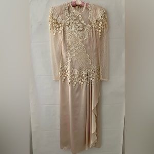 Beautiful Satin and Lace tea-length formal dress with pearl embellishments.